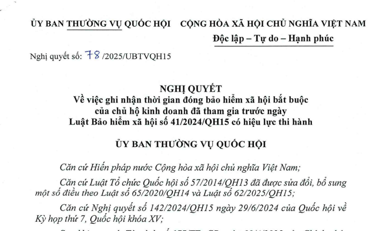 Đã có Nghị quyết 78/2025/UBTVQH15 về bảo hiểm xã hội bắt buộc đối với chủ hộ kinh doanh 1 nq 78