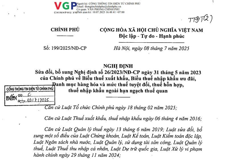 Đã có Nghị định 199/2025/NĐ-CP sửa đổi Biểu thuế xuất khẩu, Biểu thuế nhập khẩu ưu đãi tại Nghị định 26/2023 1 sua bieu thue