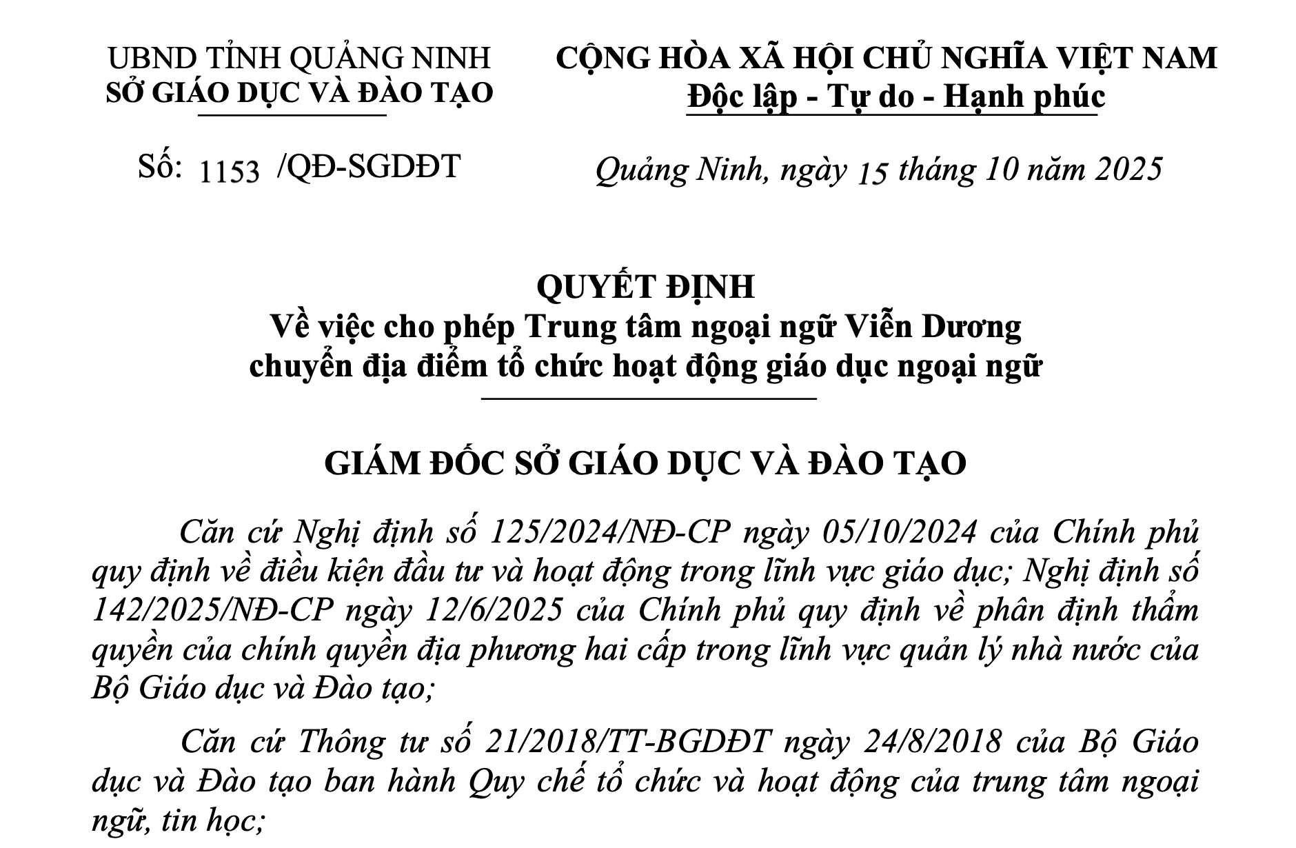 QUYẾT ĐỊNH Về việc cho phép Trung tâm ngoại ngữ Viễn Dương chuyển địa điểm tổ chức hoạt động giáo dục ngoại ngữ 1 Anh man hinh 2025 10 21 luc 11.26.51