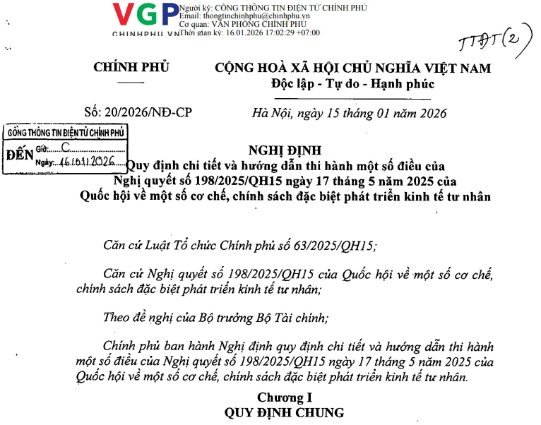 Đã có Nghị định 20/2026 hướng dẫn Nghị quyết 198 về phát triển kinh tế tư nhân<br> 政府颁布第20/2026号法令 指导实施关于私营经济发展的第198号决议 1 nd 20 2026