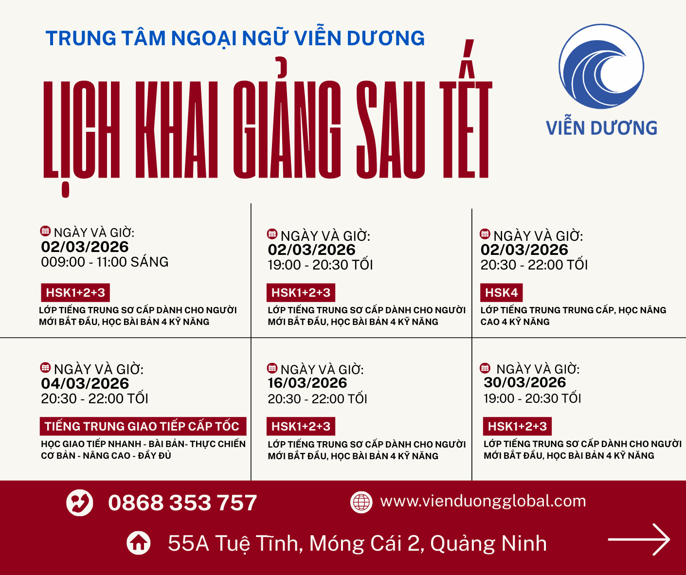 Lịch khai giảng dự kiến tháng 03/2026 Trung tâm Ngoại ngữ Viễn Dương 1 Lich khai giang thang 03.2026