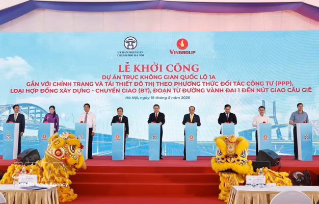 chu tich quoc hoi tran thanh man va dai bieu thuc hien nghi thuc phat lenh khoi cong du an truc khong gian quoc lo 1a ttxvn